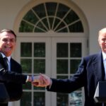 US President Donald Trump shakes hands with Brazil's President Jair Bolsonaro during a joint press conference in the Rose Garden at the White House on March 19, 2019 in Washington, DC. (Photo by Jim WATSON / AFP)